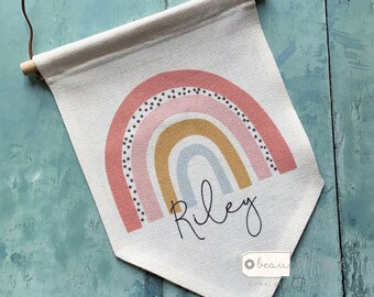 Personalised Name Pastel Rainbow Design Home Quote Boho Linen Style Pennant Flag Room Decor