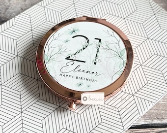 Personalised Name Age Milestone 18 21 30 40 50 60 Greenery Round Rose Gold Compact Pocket Mirror Keepsake