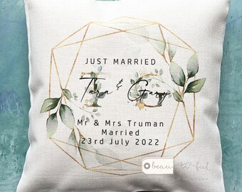 Personalised Names Married Mr Mrs Home Quote Greenery Design Home Quote Linen Style Cushion cover Newlywed
