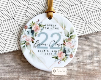 Personalised new home gift Housewarming Navy blue blush Foliage Greenery Ceramic or Acrylic Round Decoration Ornament Wedding Keepsake