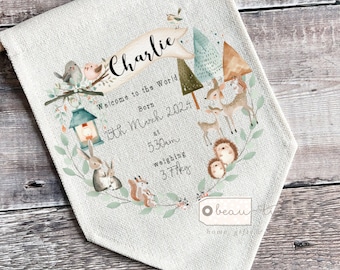 Personalised Welcome to the world New Baby Boy Girl Birth Gift Woodland animals child’s decor Linen Style Pennant Flag Room Decor
