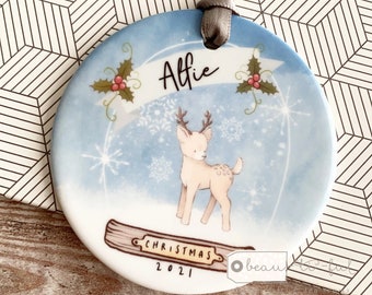 Personalised Christmas gift Child Boy Girl Gift Deer Snow-globe Design Ceramic or Acrylic Round Ornament Keepsake