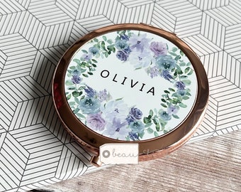 Personalised  Name Lilac Purple Floral Round Rose Gold Compact Pocket Mirror  Keepsake