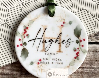 Personalised Christmas Family gift tree decoration Holly Foliage Greenery Design Ceramic or acrylic Round hanging Ornament Keepsake