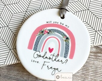 Personalised Will you be my Godmother Godfather Godparents Proposal Christening Baptism Quote Floral Rainbow ceramic or acrylic Keepsake
