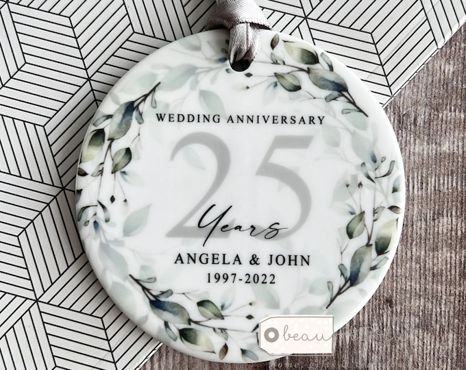 Featured listing image: Personalised Wedding Anniversary Gift Silver Golden Diamond Mr & Mrs 25th 50th 5th 1st Ceramic or Acrylic Round Decoration Ornament Keepsake