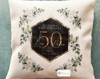 Personalised Wedding anniversary gift Golden Silver 25th 50th 1st Home Quote Eucalyptus greenery Design Home Quote Linen Style Cushion cover