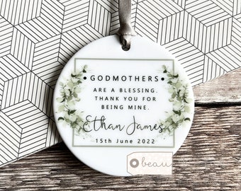 Personalised Thank you Godmother Godfather Godparents Christening Baptism Quote Modern Greenery Ceramic or Acrylic Round Ornament Keepsake