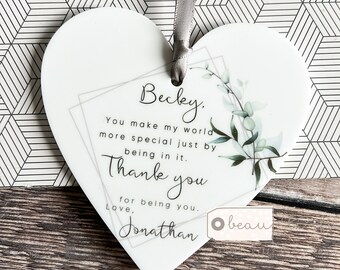 Personalised You make my world more special Gift Quote Modern Greenery Design Heart Acrylic Ornament Workmate Friendship Keepsake