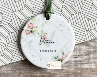 Personalised wedding party Bridesmaid Flower Girl Maid of Honour Pink rose Ceramic or Acrylic Round Decoration Ornament Wedding Keepsake