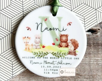 Personalised New Arrival Baby Boy Girl Gift Welcome to the world Newborn Woodland Animals Ceramic Ornament Keepsake Godchild Grandchild