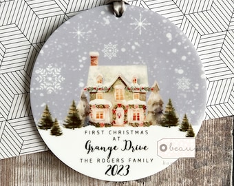 Personalised First Christmas at Address in New Home House New home gift Design Acrylic or Ceramic Round Ornament Keepsake
