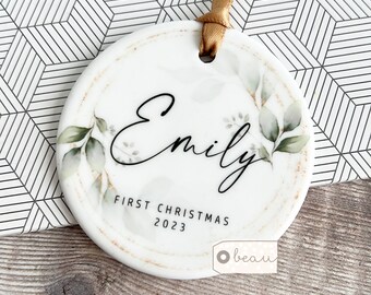 Personalised 1st First Christmas Gift Baby Baby’s Boy Girl Newborn Greenery leaf Design Ceramic or Acrylic Round Tree Ornament Keepsake