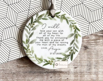 Personalised Mother of Groom Bride gift Thank you from Bride Groom Greenery Ceramic or Acrylic Round Decoration Ornament Wedding Keepsake