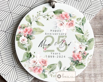 Personalised Wedding Anniversary Gift Mr & Mrs 25th 50th 1st 40th Eucalyptus Greenery Ceramic or Acrylic Round Decoration Ornament Keepsake