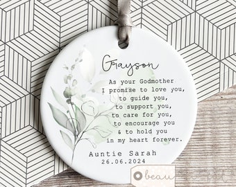 Godparent Godmother Promise to Godchild Christening Baptism Gift Baby Boy Girl Laurel Greenery Ceramic or acrylic Round Ornament Keepsake
