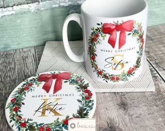 Personalised Name Merry Christmas Bow Greenery Wreath Ceramic Mug - Tea mug - coffee Mug - Gift mug - Christmas gift