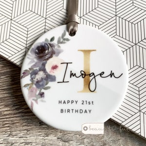 Personalised Happy Birthday Milestone 18 21 30 40 50 Mauve Pink Floral Design Ceramic or Acrylic Round Decoration Ornament Wedding Keepsake