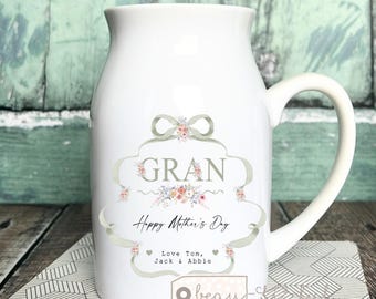 Personalised Floral Ceramic Vase Jug Mug, Mother's Day Gift, Mum Grandma Nanna Birthday Easter