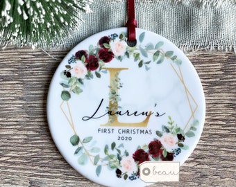 Personalised First Christmas Baby Boy Girl Christmas Burgundy Greenery Design Ceramic or Acrylic Round Ornament Keepsake