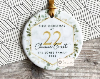 Personalised First Christmas at Address New Home Eucalyptus Botanical Greenery Design Ceramic Round Ornament Keepsake