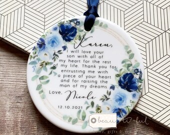 Personalised Mother of Groom Bride Thank you Bride Groom Quote W Blue Bouquet Ceramic or Acrylic Round Decoration Ornament Wedding Keepsake
