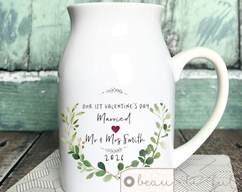 Personalised our 1st Valentine’s Day married gift Engaged together Bride Groom Mr Mrs Newlywed Ceramic Small Vase Jug Mug Greenery Heart