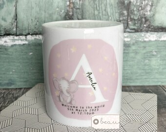 Personalised New Baby Gift New Arrival Boy Girl Gift Money Box Welcome to the world Elephant Design Ceramic Money Coin Box