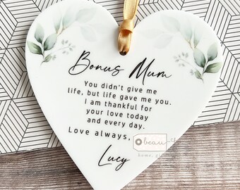 Personalised Bonus Mum Mom Stepmum stepmom Like a mum Thank you Quote Greenery Acrylic Heart Ornament Wedding Keepsake