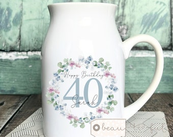 Personalised Birthday gift Special Birthday Milestone 21 30 40 50 60 70 Any age gift Wildflower Floral Ceramic Small Vase Jug Mug gift