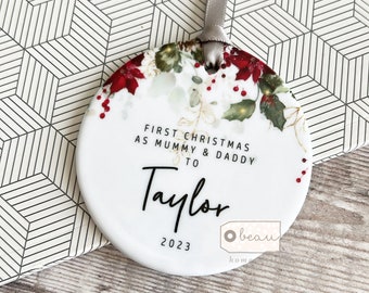 Personalised Family Christmas Gift First Christmas as a family Mummy Daddy Poinsettia foliage Ceramic or acrylic Round Ornament Keepsake