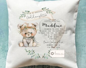 Personalised Christening Baptism Gift Promise to Godchild Godson Goddaughter Teddy bear Greenery Linen Style Cushion Godparent Godmother