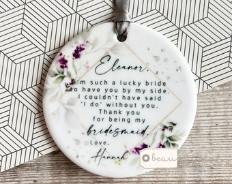 Personalised Thank you Bridesmaid Flower Girl Maid of Honour Gift Purple lavender floral Design Ceramic Decoration Ornament Wedding Keepsake