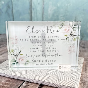 Personalised Promise to Godchild Christening Baptism Gift Baby Boy Girl Pink floral Greenery Design Crystal block Keepsake