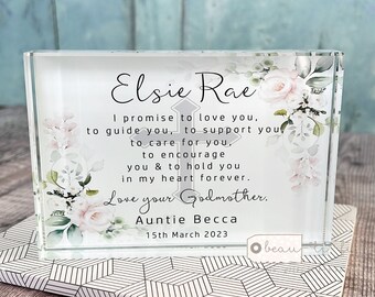 Personalised Promise to Godchild Christening Baptism Gift Baby Boy Girl Pink floral Greenery Design Crystal block Keepsake