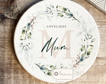 Personalised Loveliest… Mum Gran Nanny Nan Pink Greenery Wreath Ceramic Coaster Name gift Friend gift Home gift
