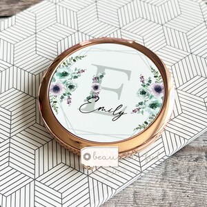 Personalised Name and initial Mint mauve Floral Greenery Round Rose Gold Silver Compact Pocket Mirror Keepsake Bridesmaid Gift