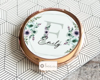 Personalised Name and initial Mint mauve Floral Greenery Round Rose Gold Silver Compact Pocket Mirror Keepsake Bridesmaid Gift