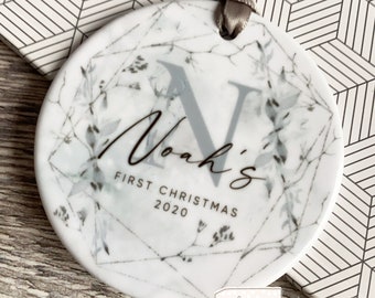 Personalised Baby Baby’s First Christmas Boy Girl Newborn Christmas Deer scene Design Ceramic or Acrylic Round Ornament Keepsake