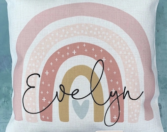 Personalised Name Pastel Rainbow Design Home Quote Boho Linen Style Cushion cover