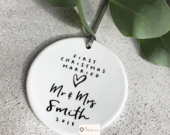 Personalised First Christmas Married Mr Mrs Newlywed Monochrome heart Design Ceramic Round Ornament Keepsake