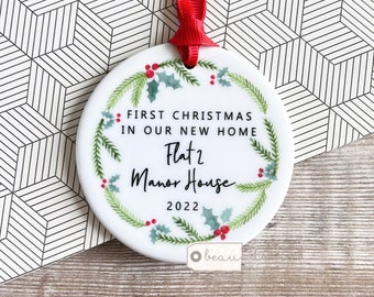 Personalised First Christmas at Address New Home Housewarming gift Botanical Greenery Wreath Ceramic or Acrylic Round Ornament Keepsake