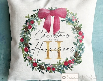 Personalised Christmas Family Names Home Bow Wreath Foliage Greenery Design Home Quote Linen Style Cushion cover