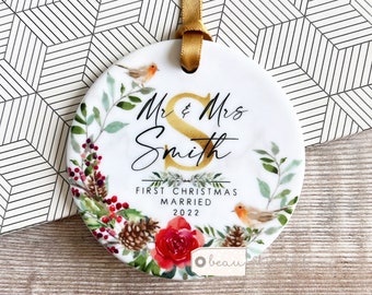 Personalised First Christmas Married Wedding gift Mr Mrs Newlywed Robin Greenery Design Ceramic or Acrylic Round Ornament Keepsake