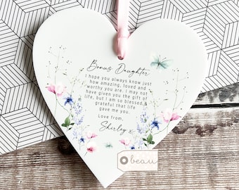Personalised Bonus Daughter Step daughterfrom bonus mum Stepmum stepmom Thank you wildflowers Greenery Acrylic heart Ornament Keepsake