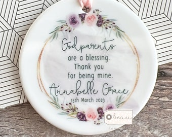 Personalised Thank you Godmother Gift Godfather Godparents are a blessing Christening Baptism Floral Ceramic or acrylic Ornament Keepsake