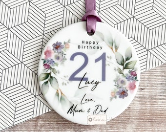 Personalised Happy Birthday Milestone 18 21 30 40 50 Mauve Blush greenery Design Ceramic Round Decoration Ornament Keepsake