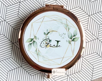 Personalised Name Greenery Round Rose Gold Silver Compact Pocket Mirror Keepsake Bridesmaid Gift