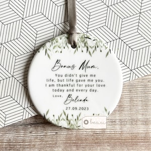 Personalised Bonus Mum Mom Stepmum stepmom Gift Like a mum Thank you Greenery Ceramic or acrylic Round Ornament Wedding Keepsake