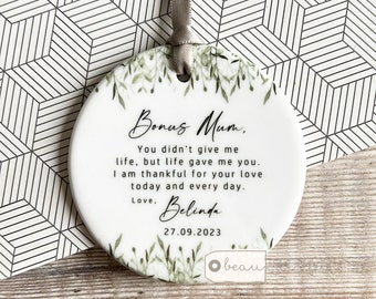 Personalised Bonus Mum Mom Stepmum stepmom Gift Like a mum Thank you Greenery Ceramic or acrylic Round Ornament Wedding Keepsake
